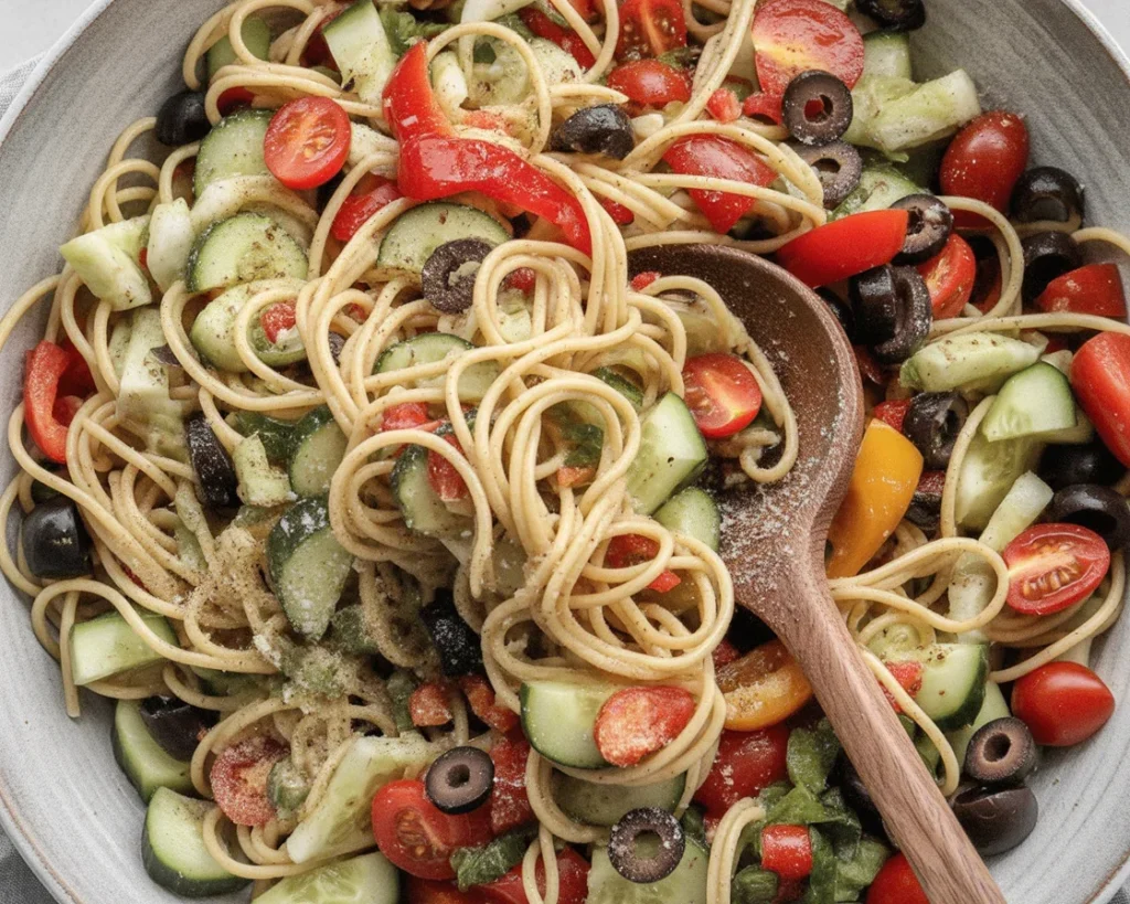 California Spaghetti Salad with fresh vegetables and Italian dressing