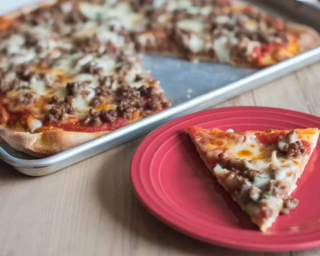 Delicious homemade beef pizza topped with fresh ingredients and flavorful spices.