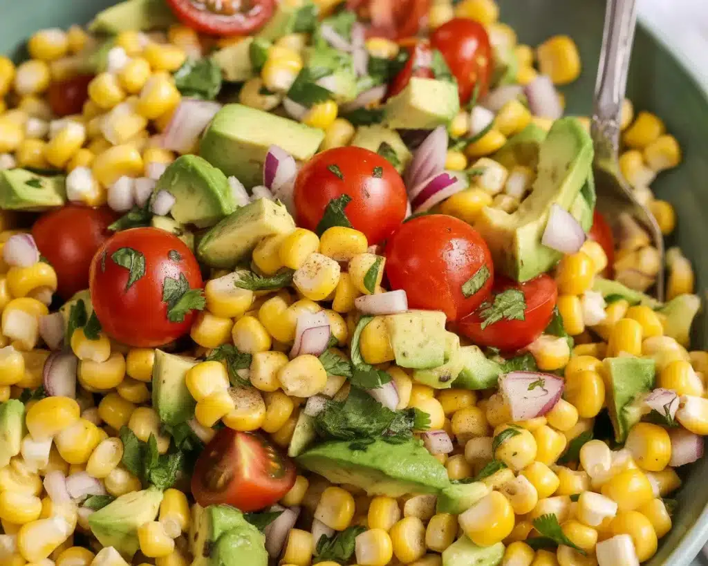 Fresh Summer Corn Salad with Avocado, sweet corn, cherry tomatoes, and cilantro