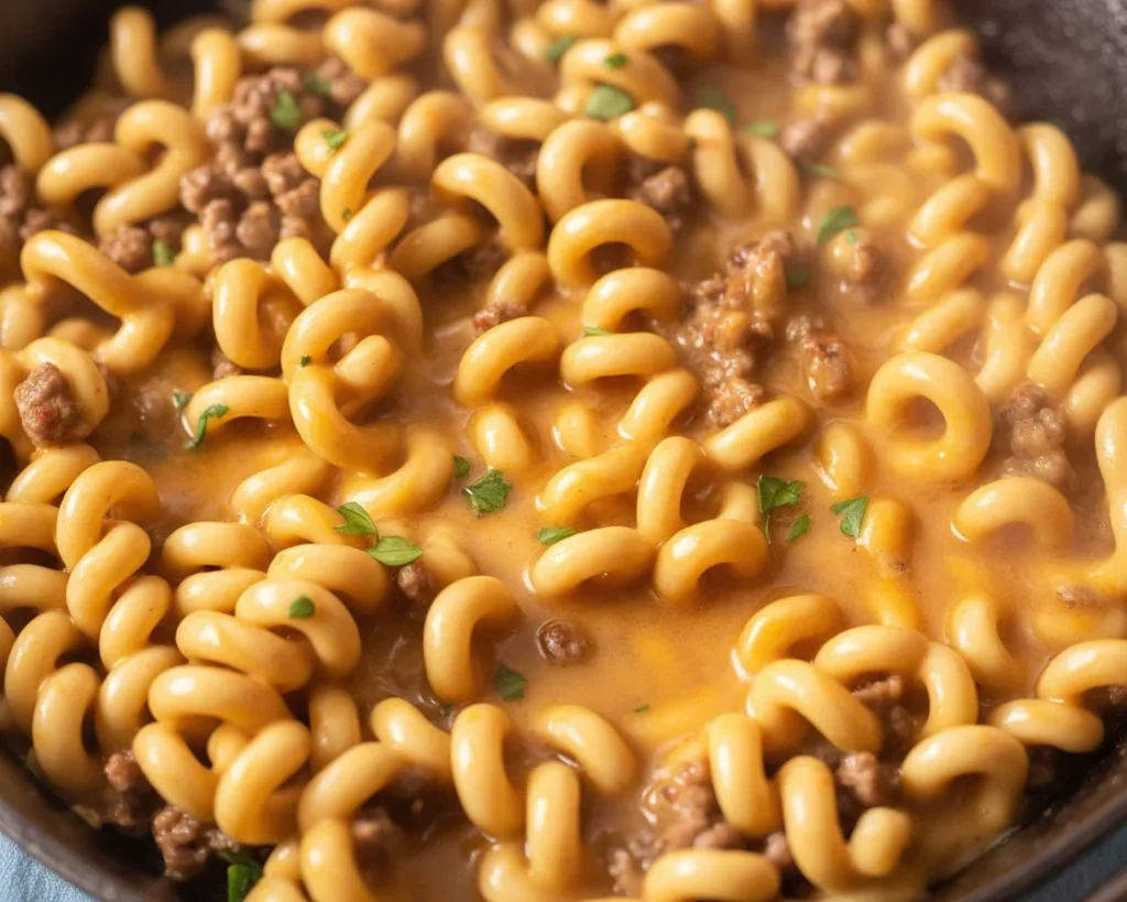 Homemade Cheeseburger Macaroni dish topped with melted cheese and ground beef.