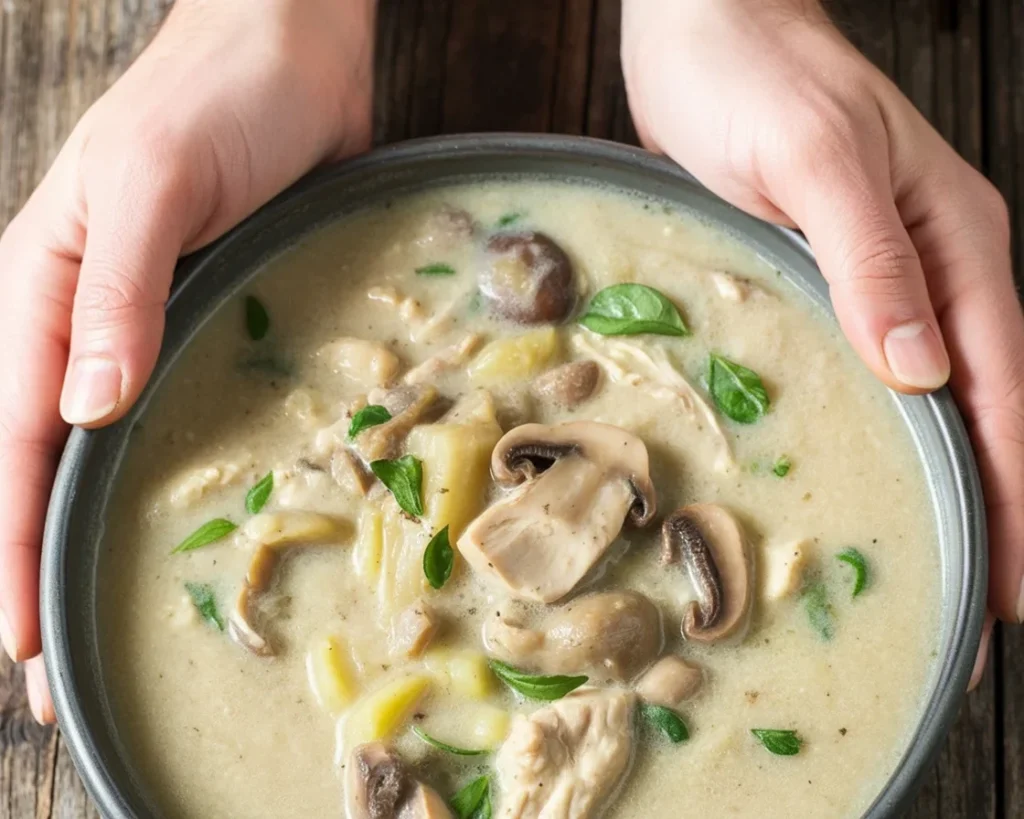 Creamy Chicken Mushroom Soup in a bowl, perfect for chilly days.