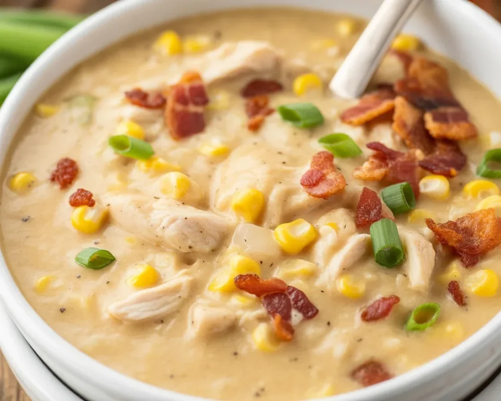 Delicious creamy Chicken Corn Chowder with corn, chicken, and potatoes in a bowl.