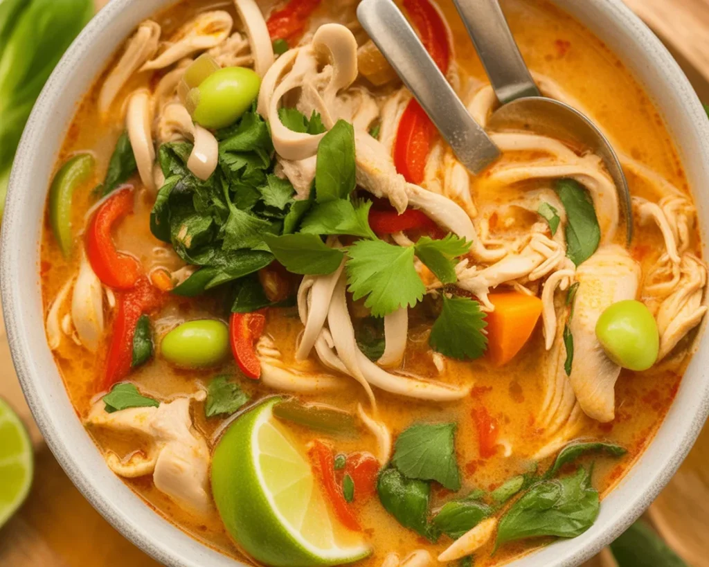 Delicious bowl of Thai Chicken Soup with coconut milk and fresh herbs.