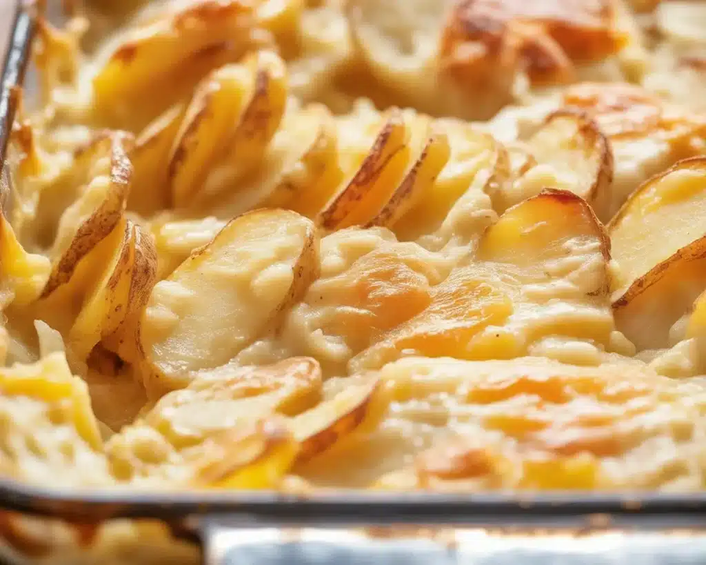 Creamy and cheesy scalloped potatoes baked until golden brown, a perfect side dish.