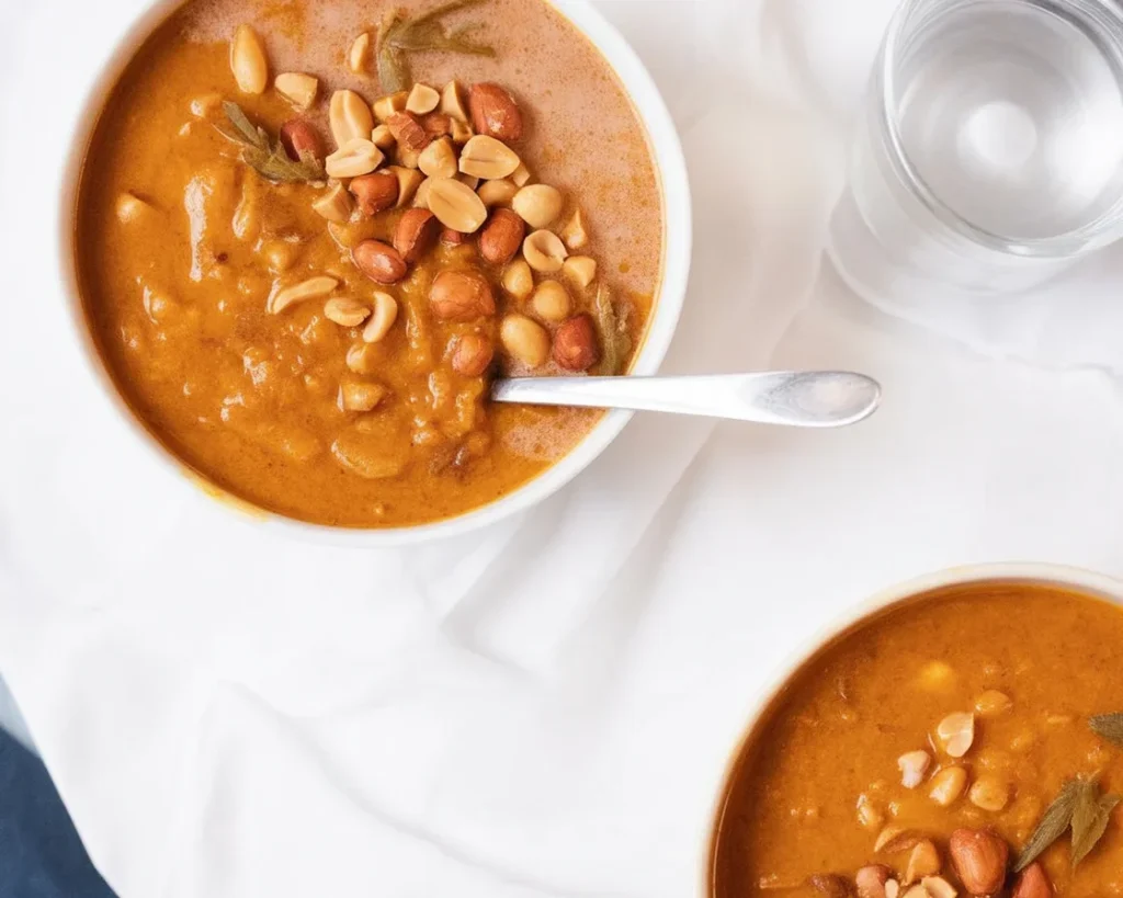 Bowl of creamy African peanut soup with spices and fresh vegetables