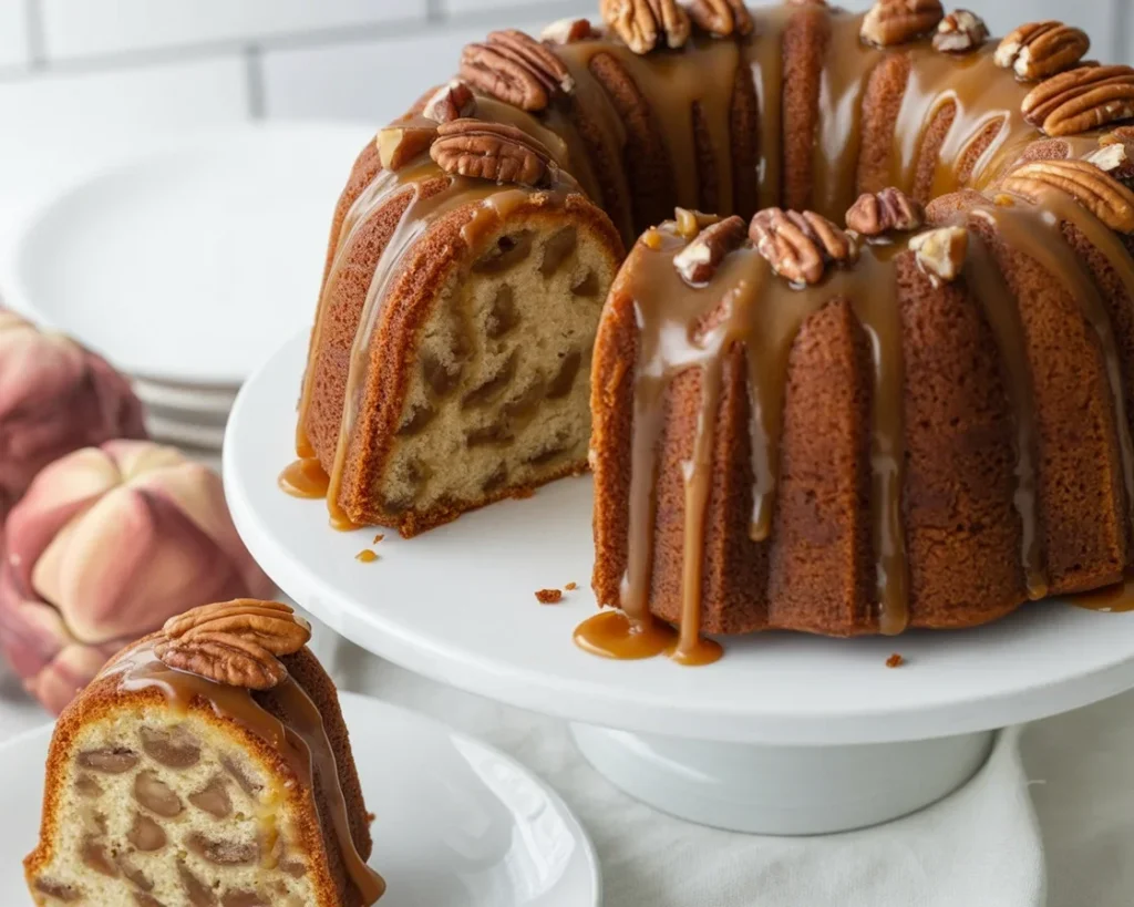 Apple Pecan Caramel Cake with fresh apples and pecans topped with homemade caramel glaze.