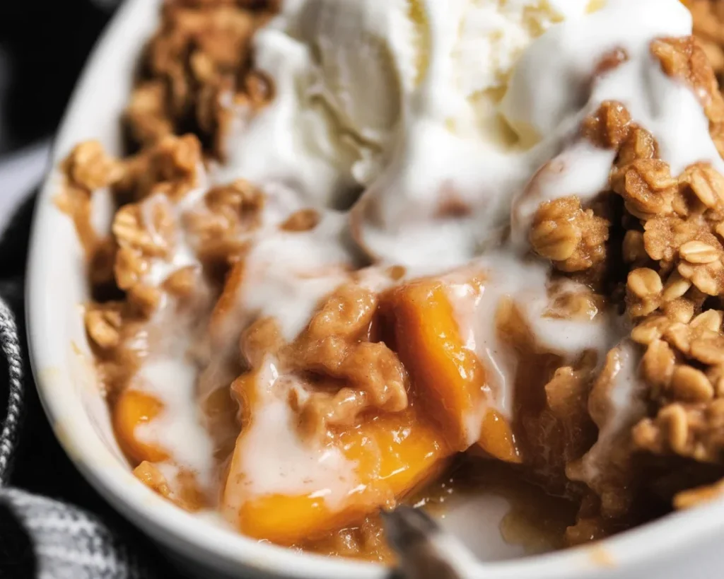 Delicious Brown Butter Peach Crisp topped with a crunchy nutty crumble and fresh peaches.