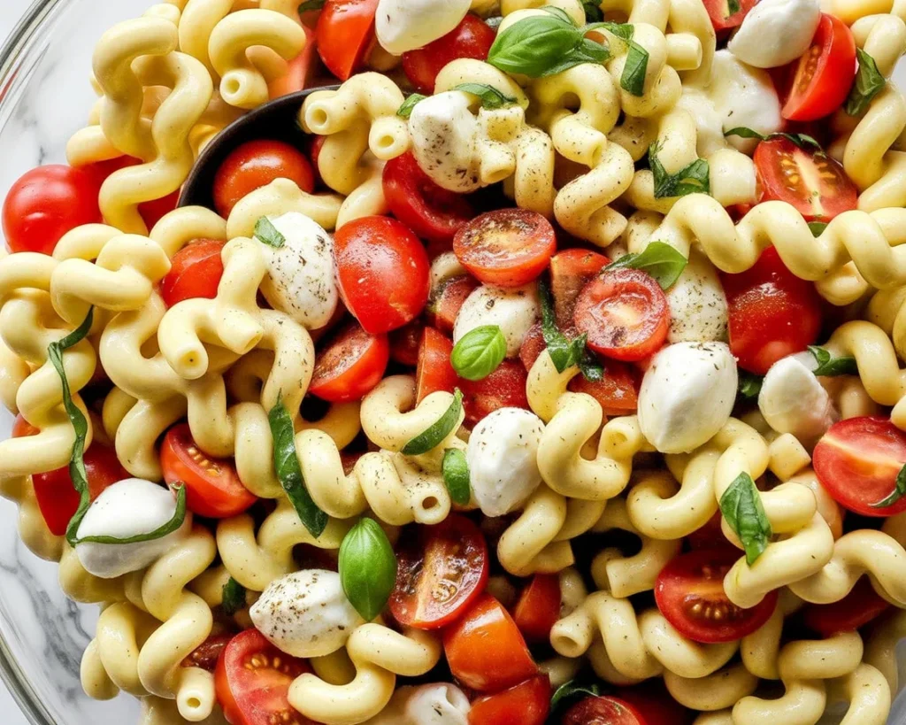 Colorful Caprese Pasta Salad with cherry tomatoes, mozzarella, and fresh basil.