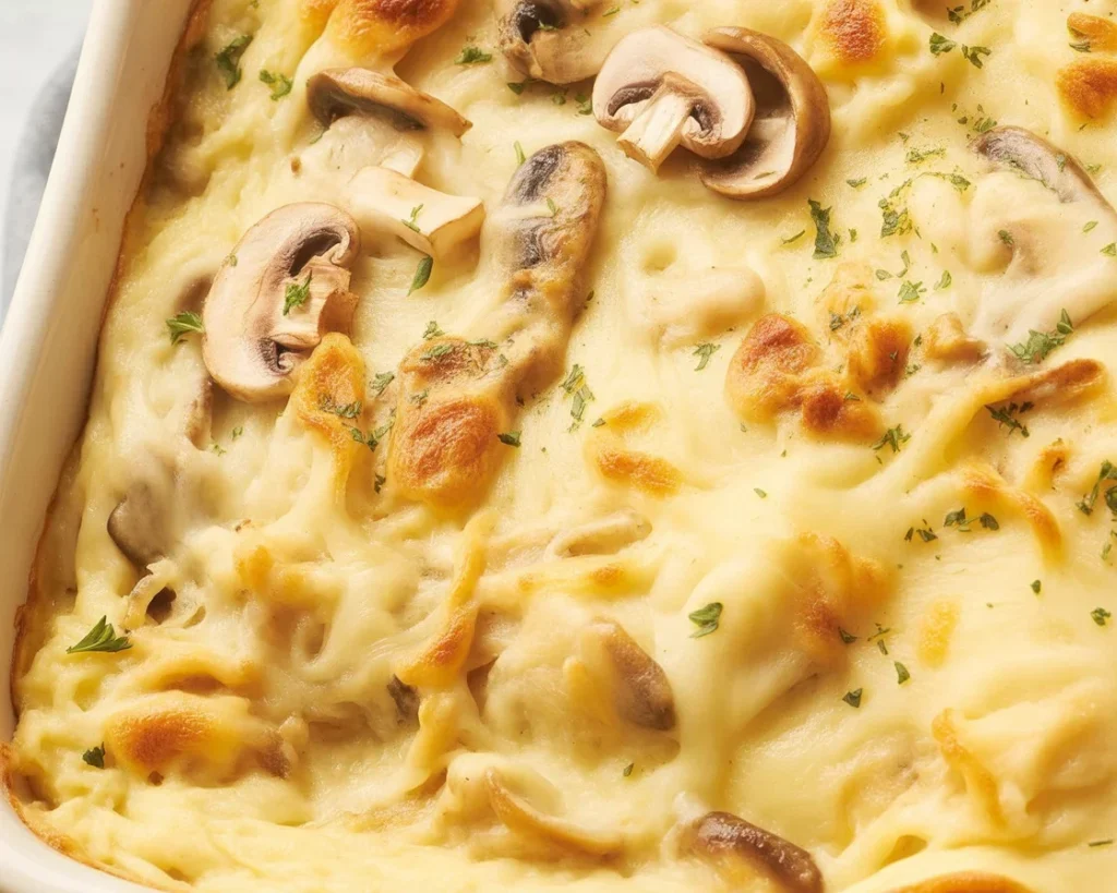 Creamy Chicken Gloria casserole with tender chicken and mushrooms in sherry sauce