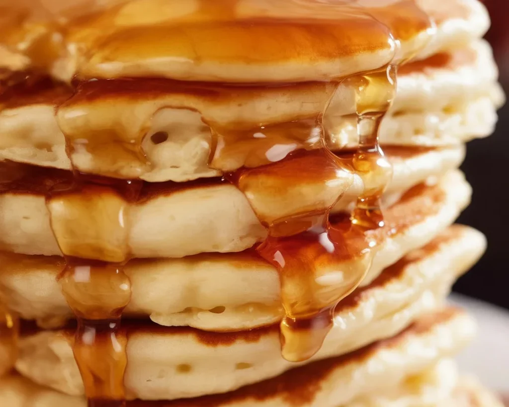 A stack of fluffy pancakes drizzled with syrup, showcasing the perfect breakfast dish.