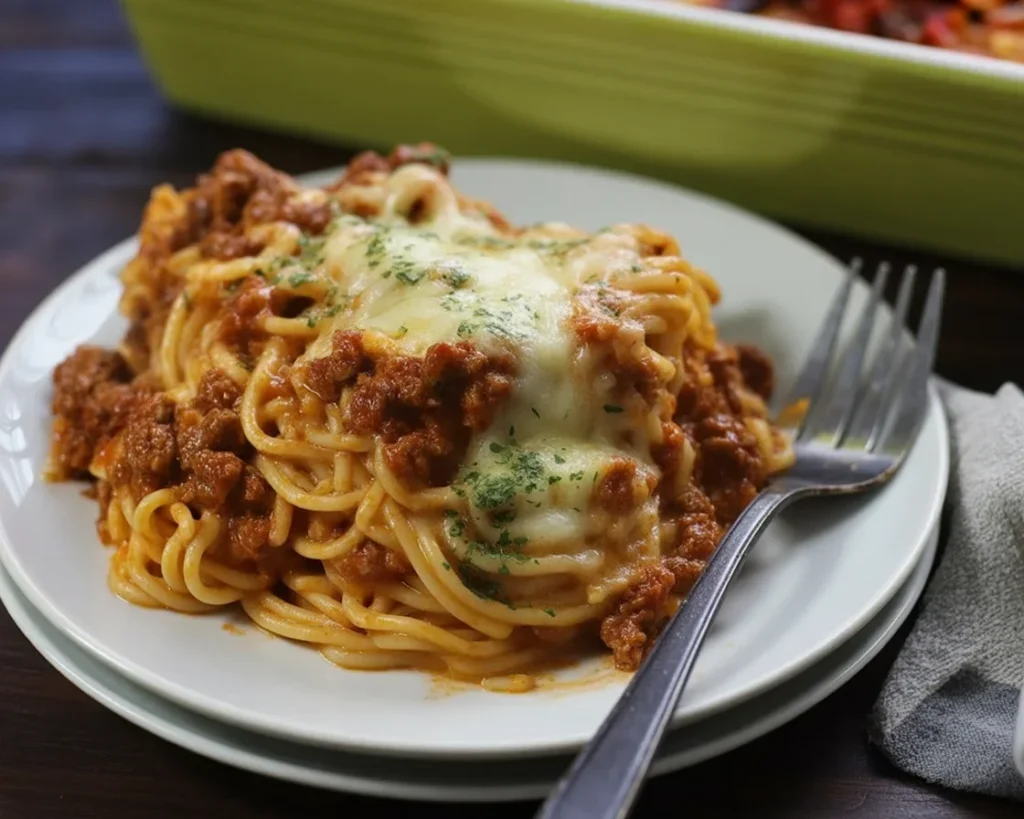 Delicious Million Dollar Spaghetti Squash casserole topped with cheese and rich meat sauce.