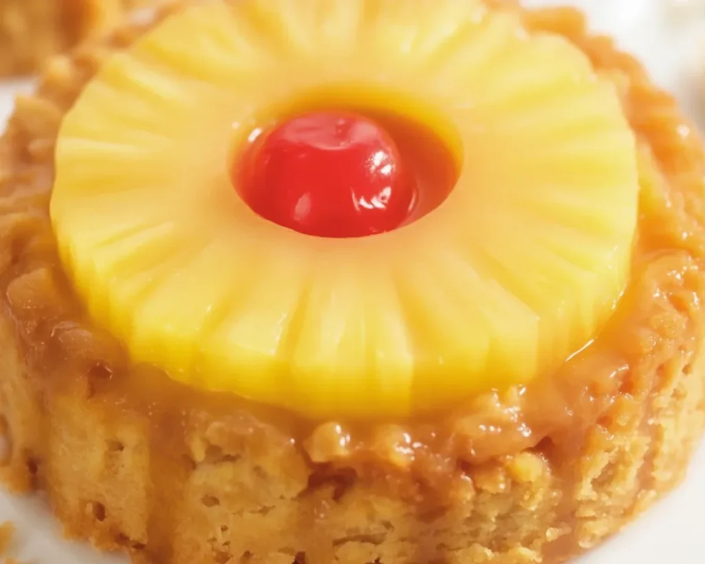 Delicious Pineapple Upside Down Cookies topped with caramelized pineapple and maraschino cherry.