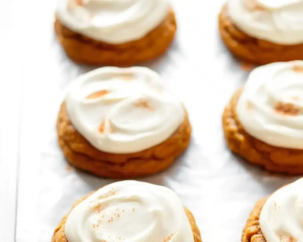 Soft pumpkin cookies topped with creamy, tangy cream cheese frosting for fall baking.