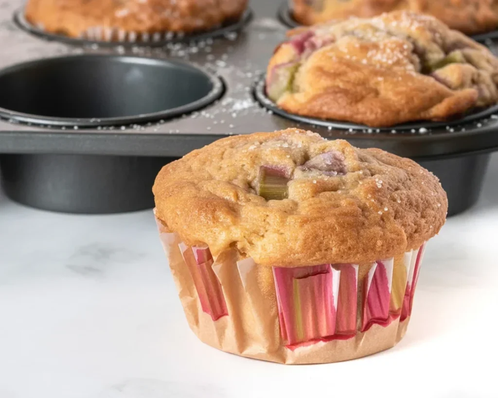 Healthy Rhubarb Muffins with Greek Yogurt on a wooden table, sprinkled with cinnamon.