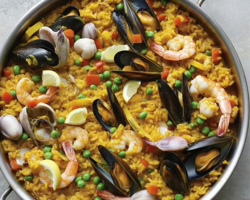A vibrant dish of Seafood Paella with shrimp, mussels, and colorful vegetables.