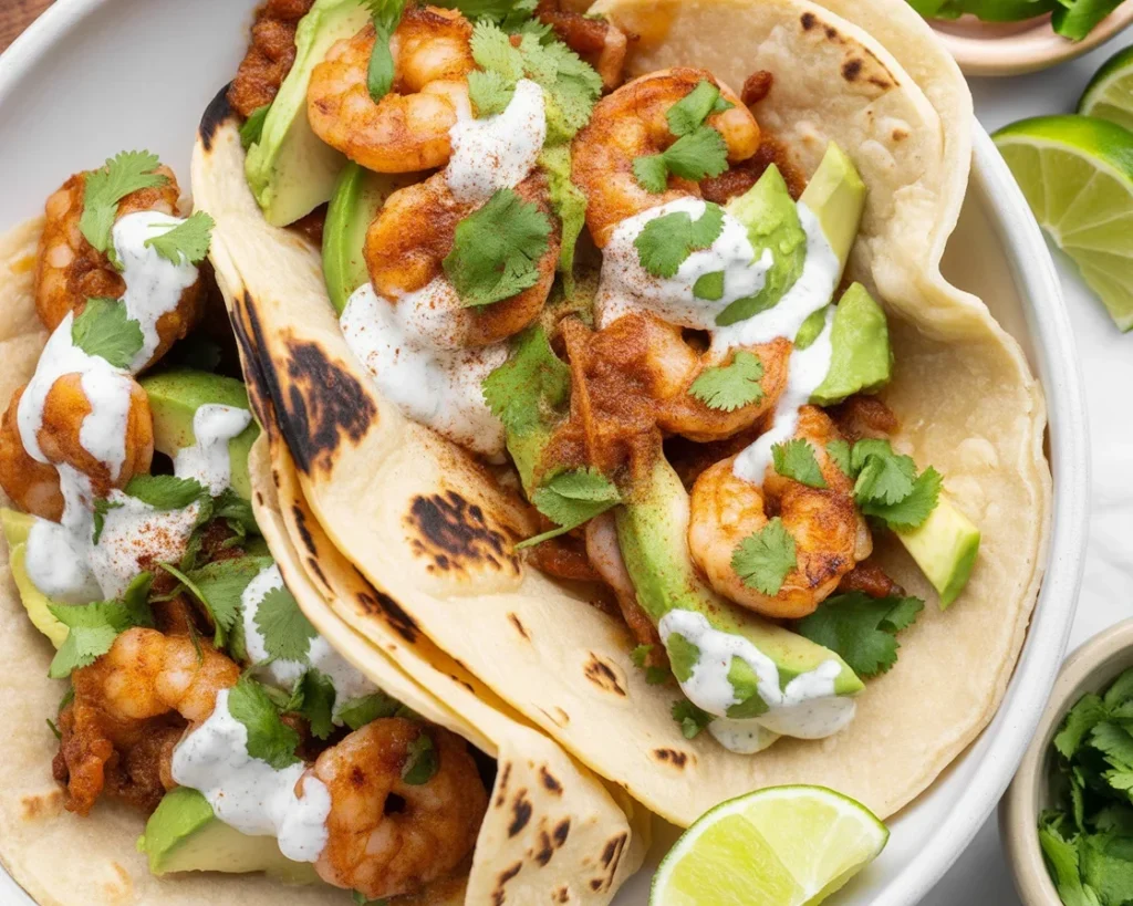 Delicious spicy shrimp tacos topped with creamy cilantro lime slaw and avocado.