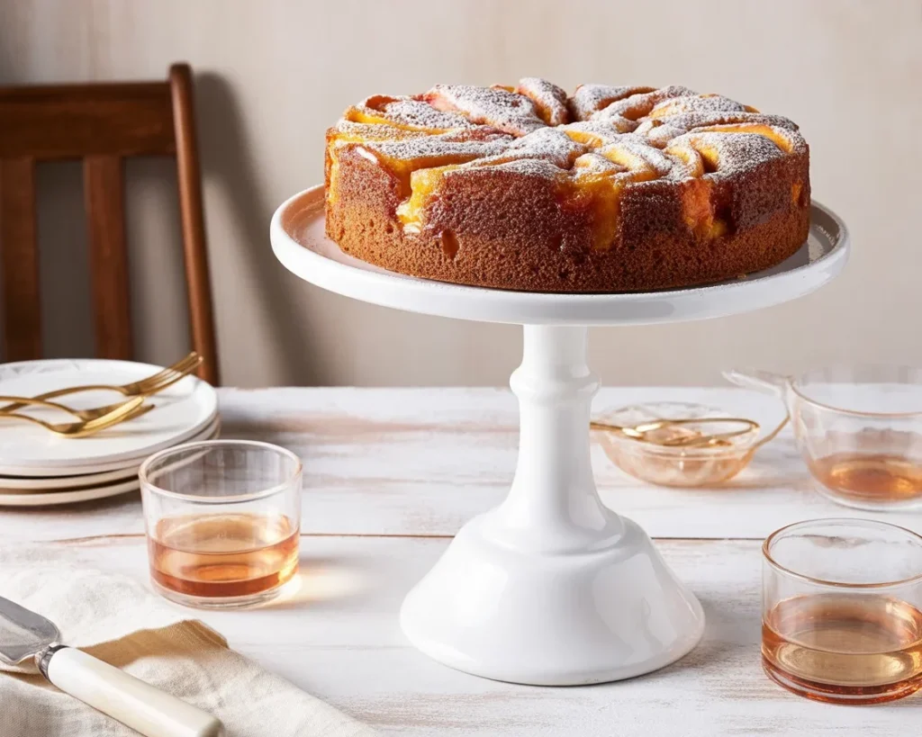 A moist Summer Peach Cake topped with fresh peaches and sprinkled with almond sugar.