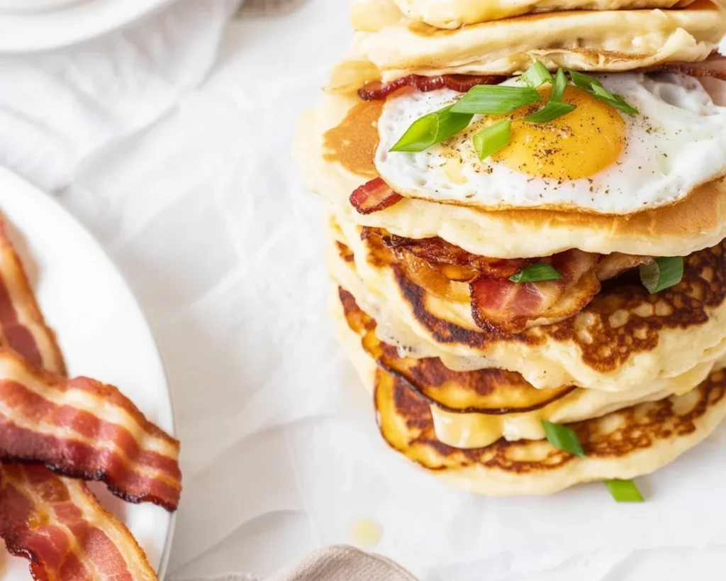 A traditional American breakfast featuring pancakes, eggs, and bacon.
