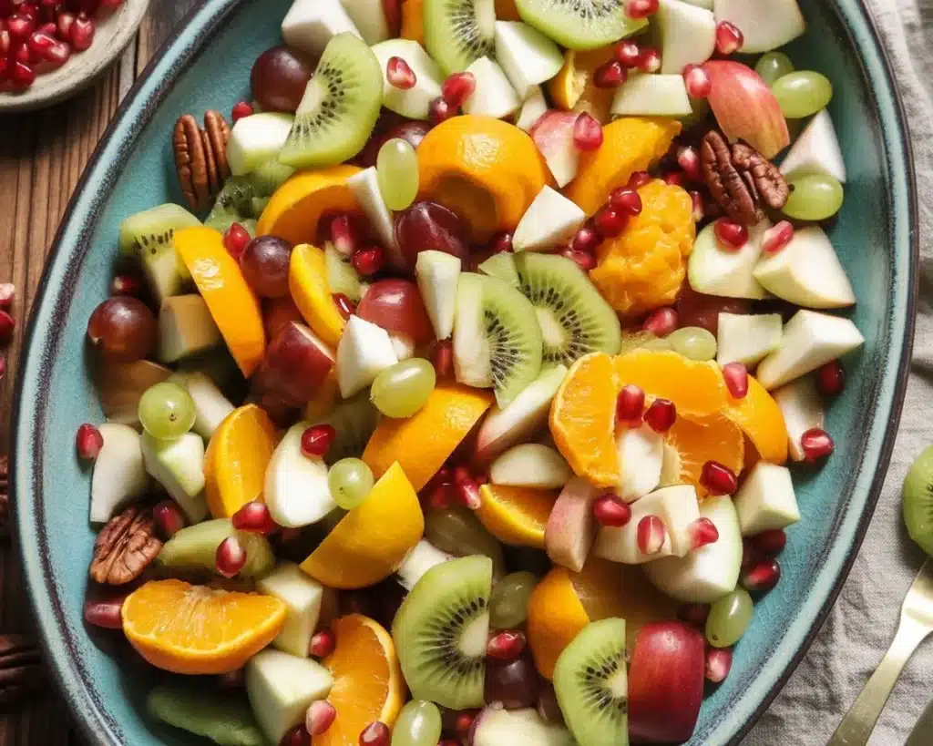 Colorful Thanksgiving Fruit Salad with apples, pears, grapes, and pecans in honey dressing.