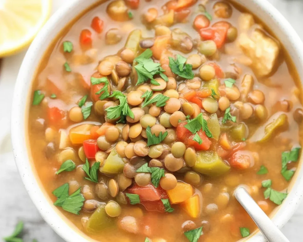 Delicious bowl of vegetarian lentil soup with fresh vegetables and herbs.