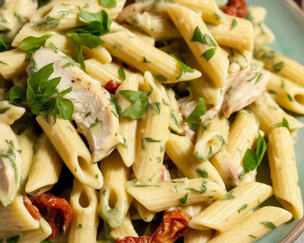 Delicious Rotisserie Chicken Pasta with garlic herbs and olive oil garnished with vegetables.