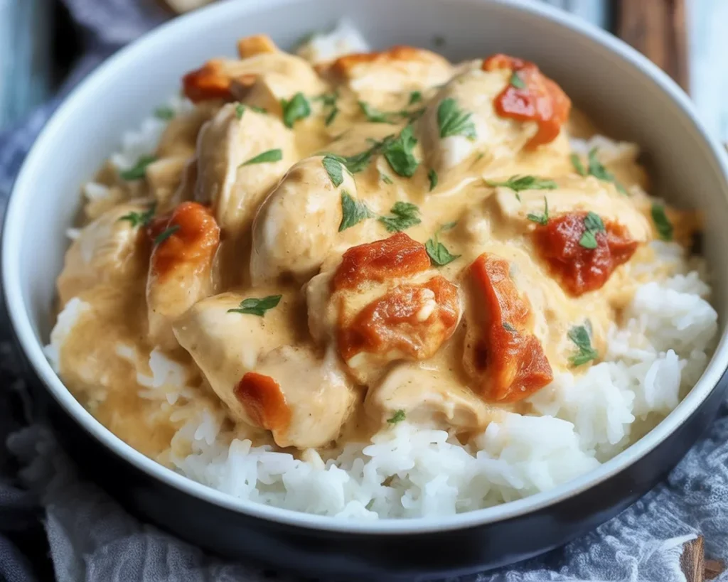 Creamy Smothered Chicken Rice served with fluffy white rice and garnished with parsley.