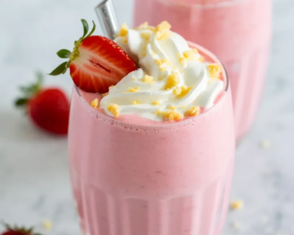 Strawberry Shortcake Protein Smoothie with fresh strawberries and Greek yogurt