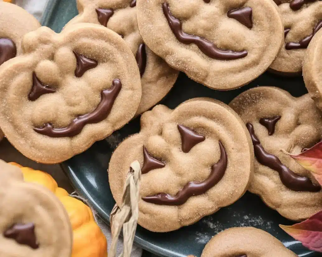 Milk chocolate stuffed Jack-o'-Lantern chocolate cookies for Halloween