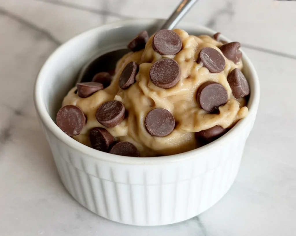 A bowl of Greek Yogurt Cookie Dough with chocolate chips and peanut butter.