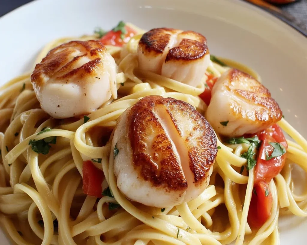 Delicious Seafood Pasta with shrimp and scallops in a creamy garlic sauce.