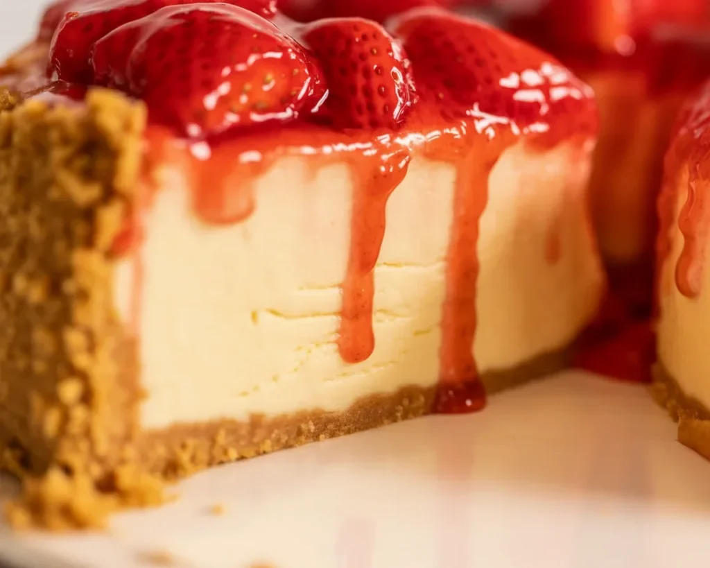 Delicious strawberry cheesecake with creamy filling and fresh strawberry topping.