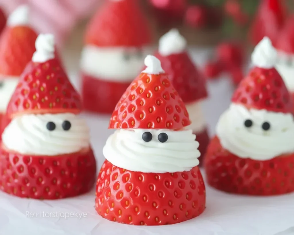 Festive Strawberry Santas decorated with cream cheese frosting for a holiday treat.