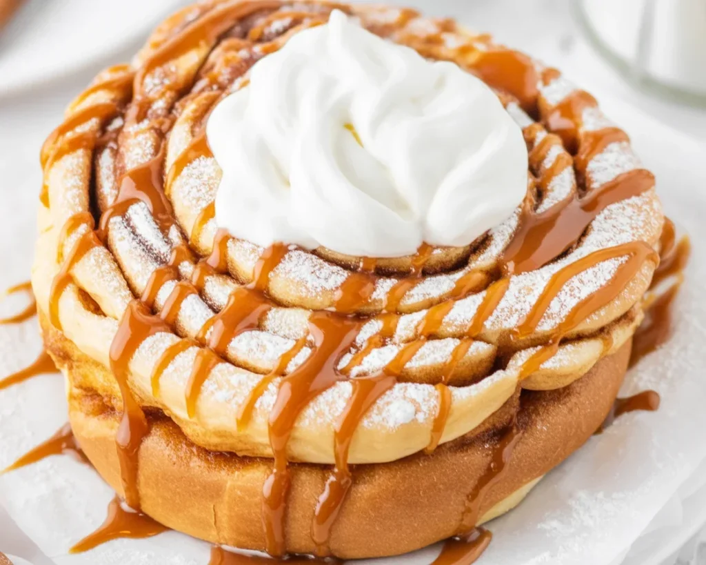 Delicious homemade Apple Funnel Cake topped with caramel sauce and spiced apples.