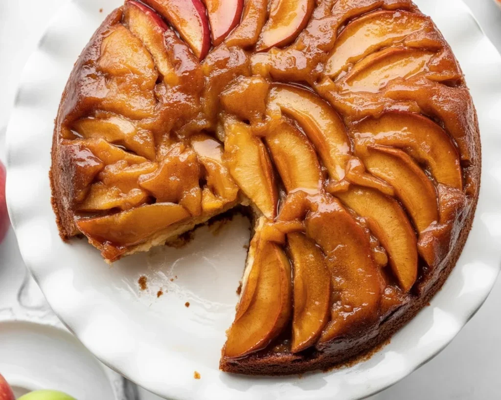 Delicious Apple Upside Down Cake with caramelized apples and a cinnamon-spiced cake.