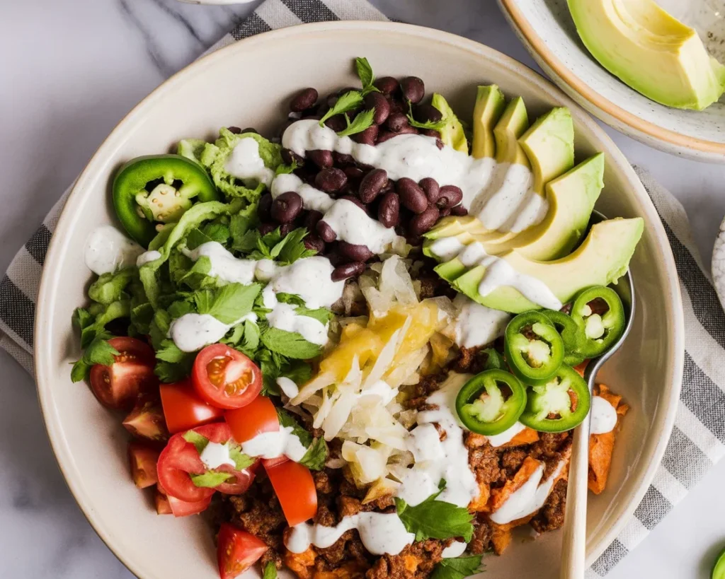 Delicious Sweet Potato Taco Bowl topped with zesty ingredients and fresh vegetables.