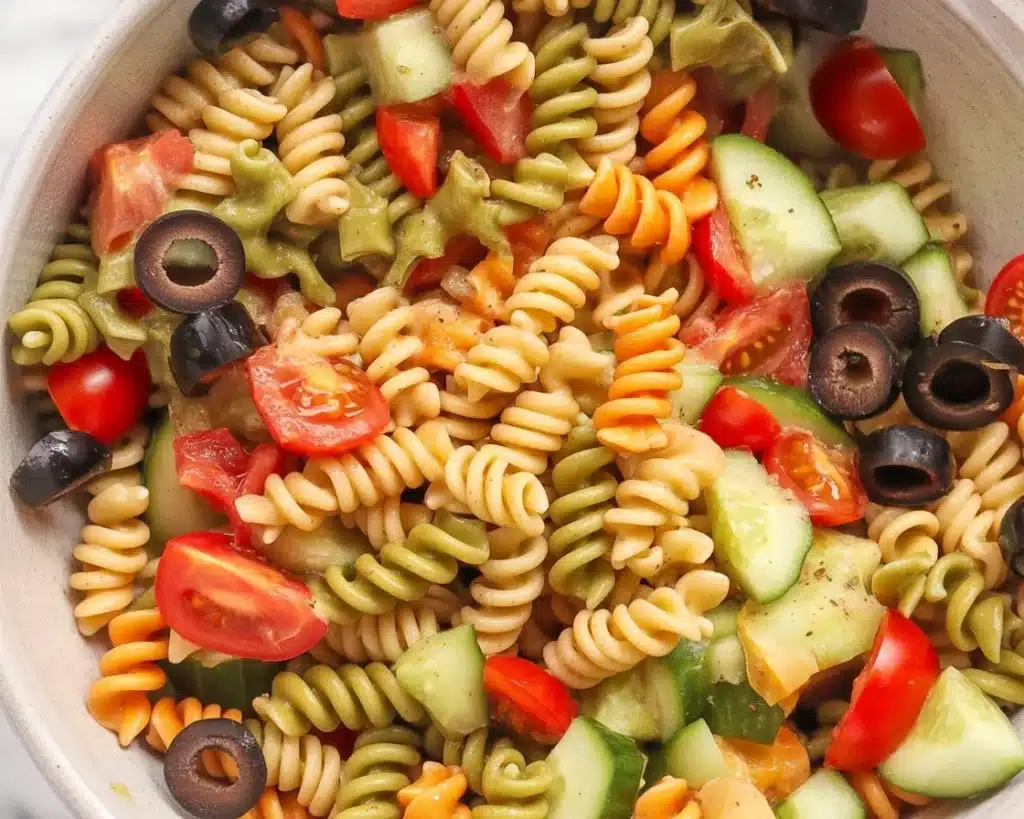 Delicious Zesty Italian Pasta Salad with fresh vegetables, olives, and cheese.