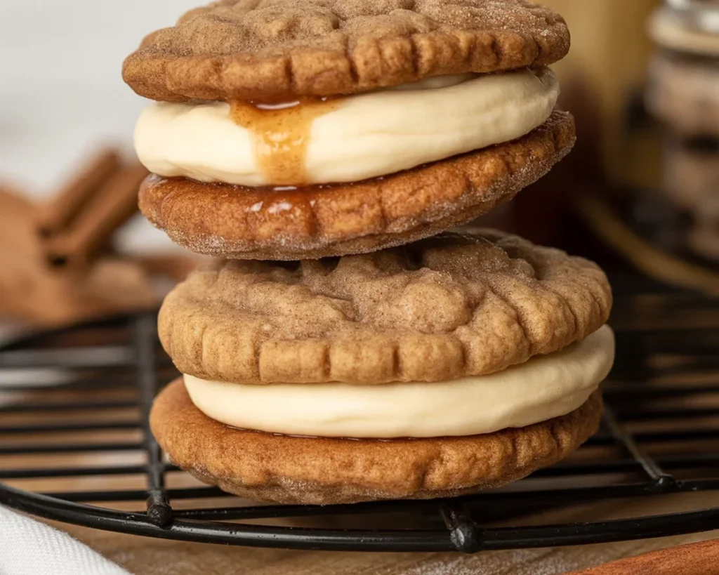 Delicious Apple Cider Whoopie Pies with cream cheese frosting and cinnamon sugar coating.