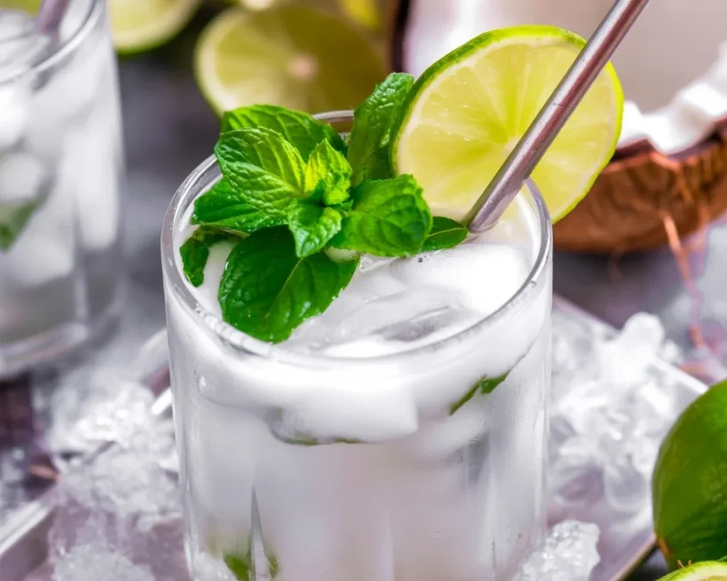 Refreshing coconut mojito served in a glass with mint and lime garnish.