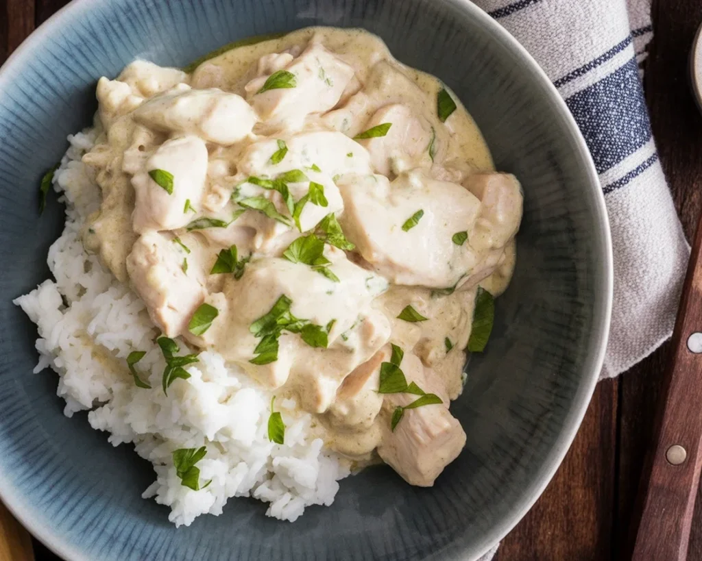 Delicious Ranch Chicken Crockpot meal served on a plate with creamy sauce and herbs.