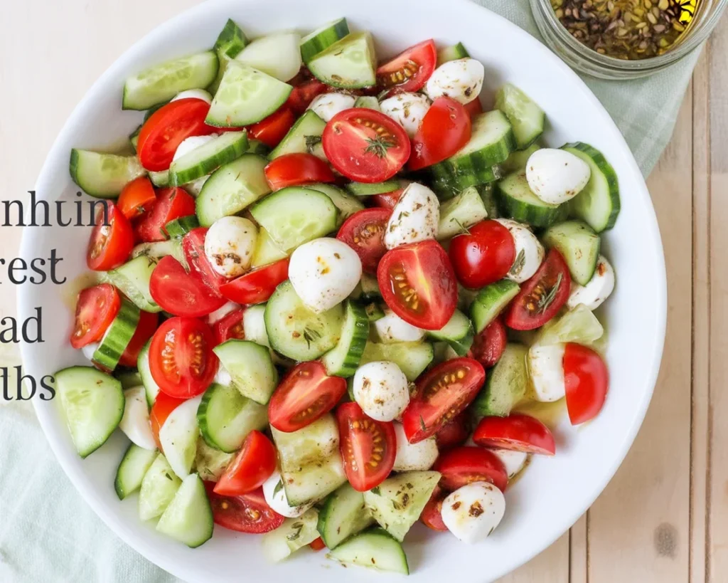Fresh Cucumber Caprese Salad with tomatoes, mozzarella, and basil in a bowl.