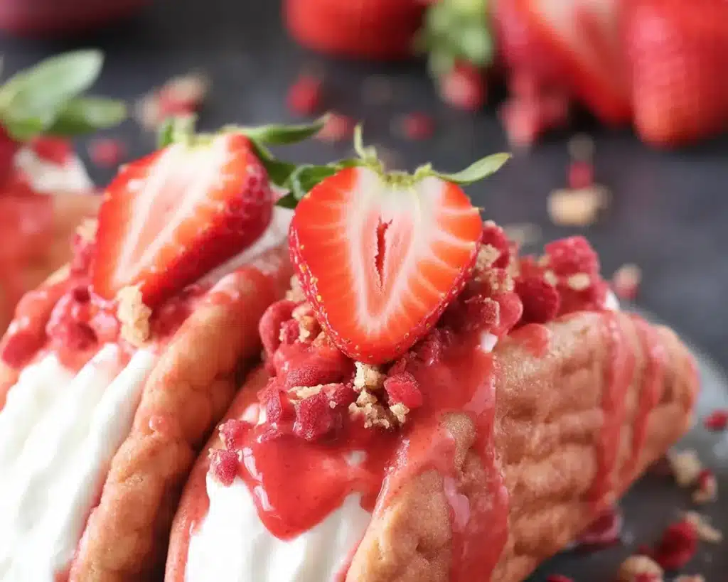 Delicious Strawberry Crunch Cheesecake Tacos with creamy filling and fresh strawberries