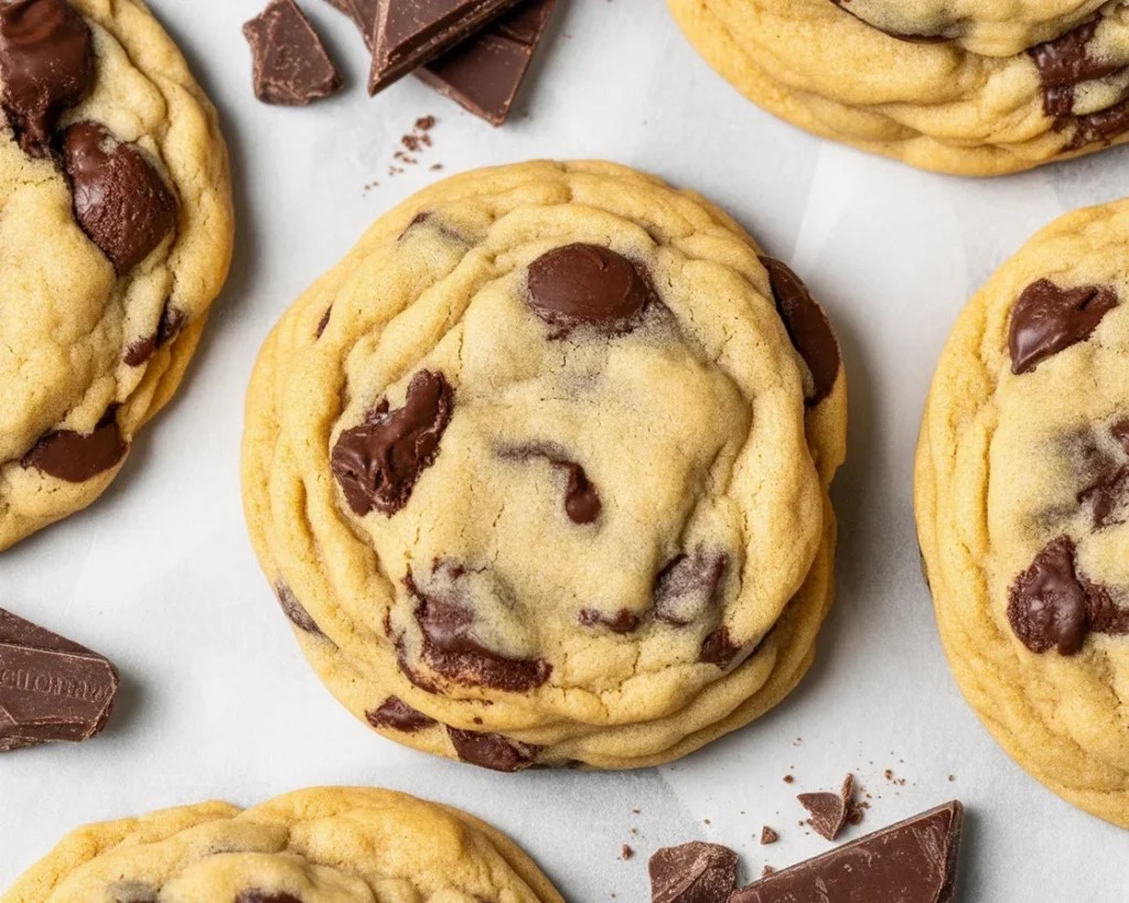 Delicious homemade chocolate chip cookies with thick dough and chocolate chunks