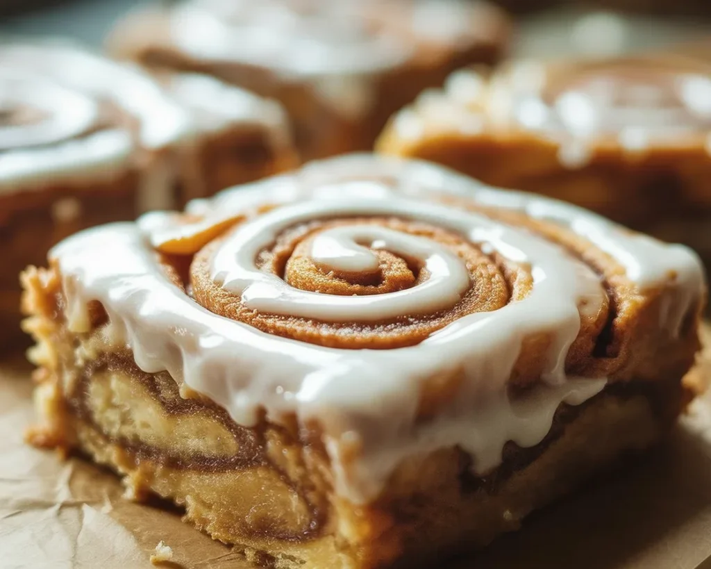 Delicious Cinnamon Roll Bliss Bars topped with creamy glaze and cinnamon-sugar swirls.