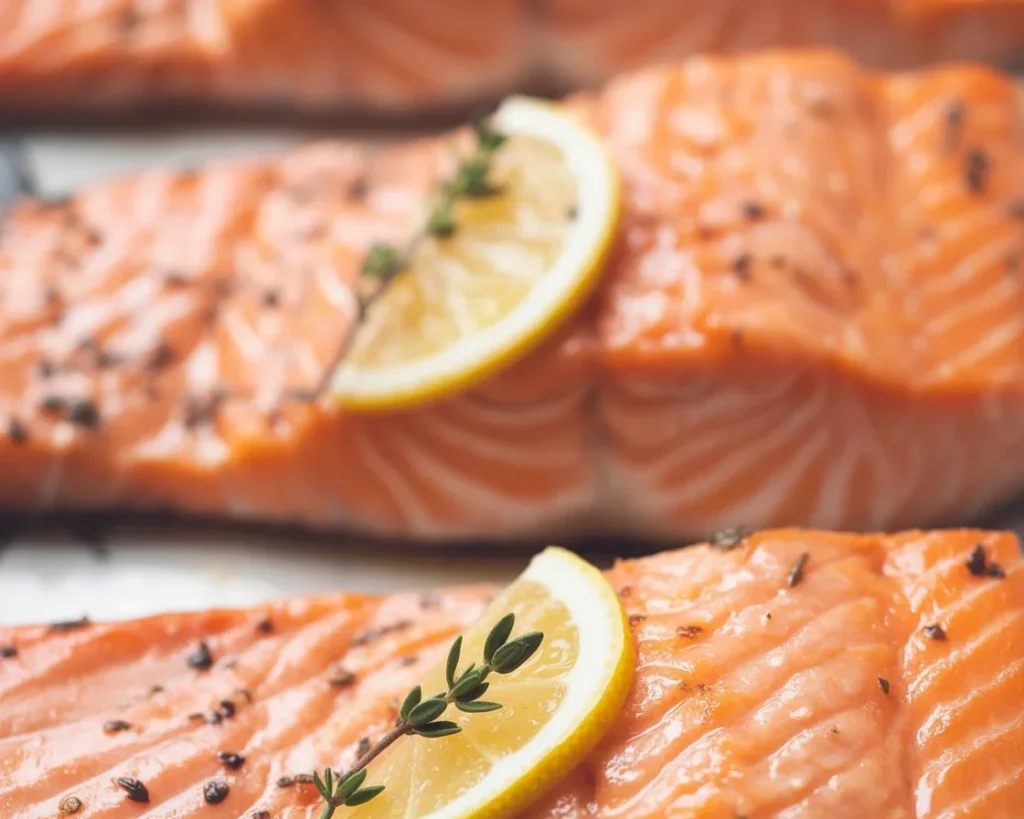 Delicious oven baked salmon with lemon and garlic, a healthy recipe.