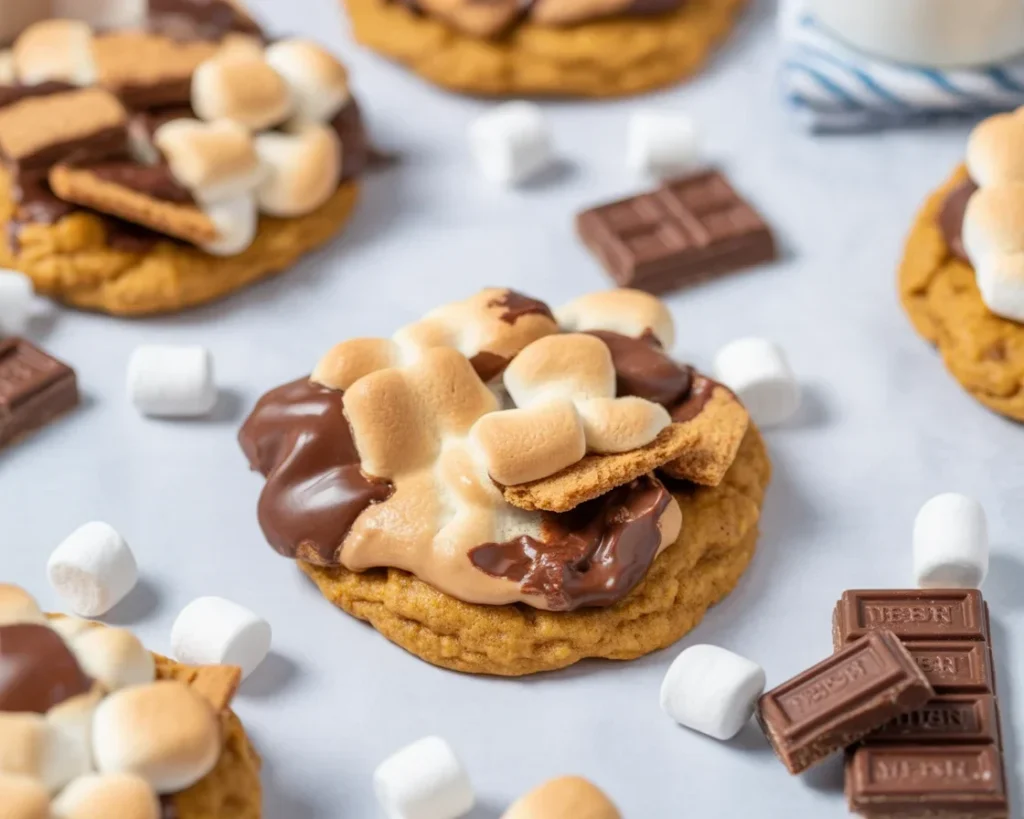 Delicious Pumpkin S'mores Cookies with chocolate chips and graham cracker bits.