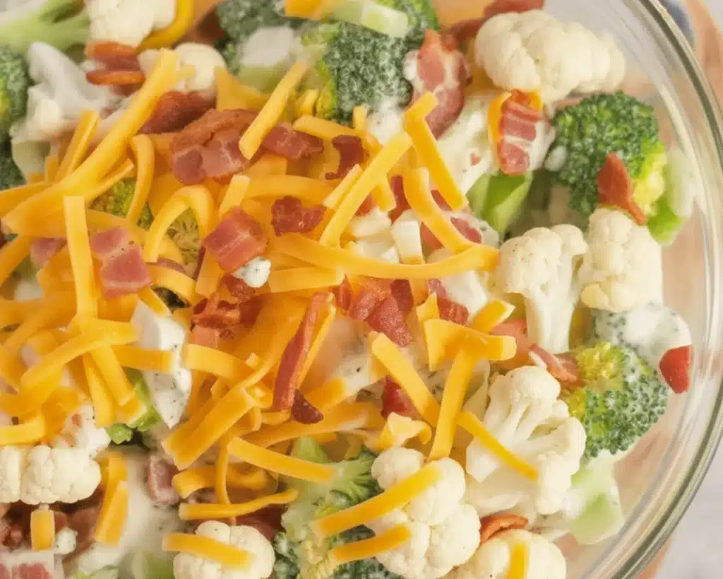 A colorful broccoli cauliflower salad with bacon, cheddar cheese, and crunchy vegetables.