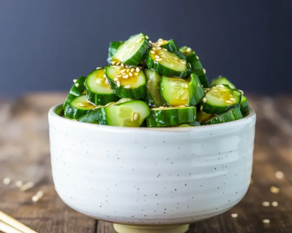 Bowl of refreshing Asian Cucumber Salad with rice vinegar dressing and sesame oil