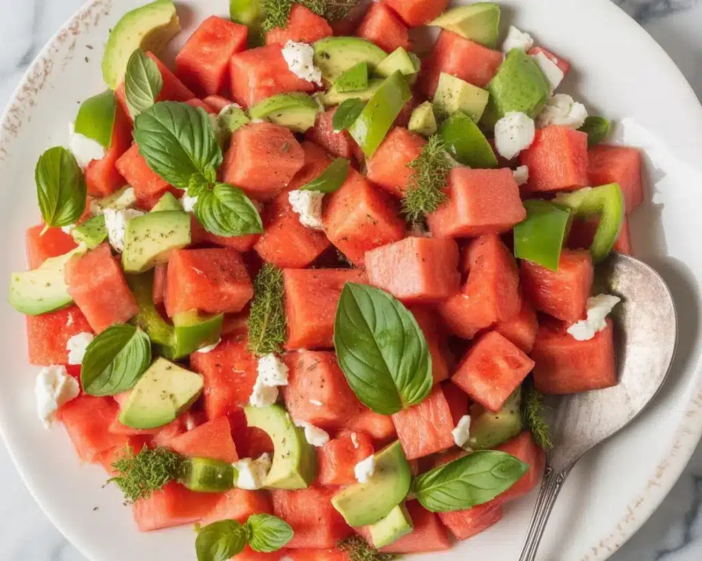 Delicious watermelon salad with feta, mint, and cucumber, perfect summer side.