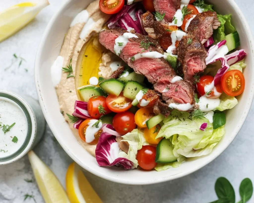 Mediterranean Steak Bowl with grilled steak, hummus, fresh veggies, and feta cheese.