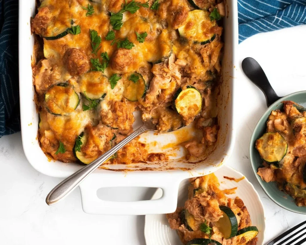 Healthy Turkey Zucchini Casserole with fresh vegetables and gooey cheese